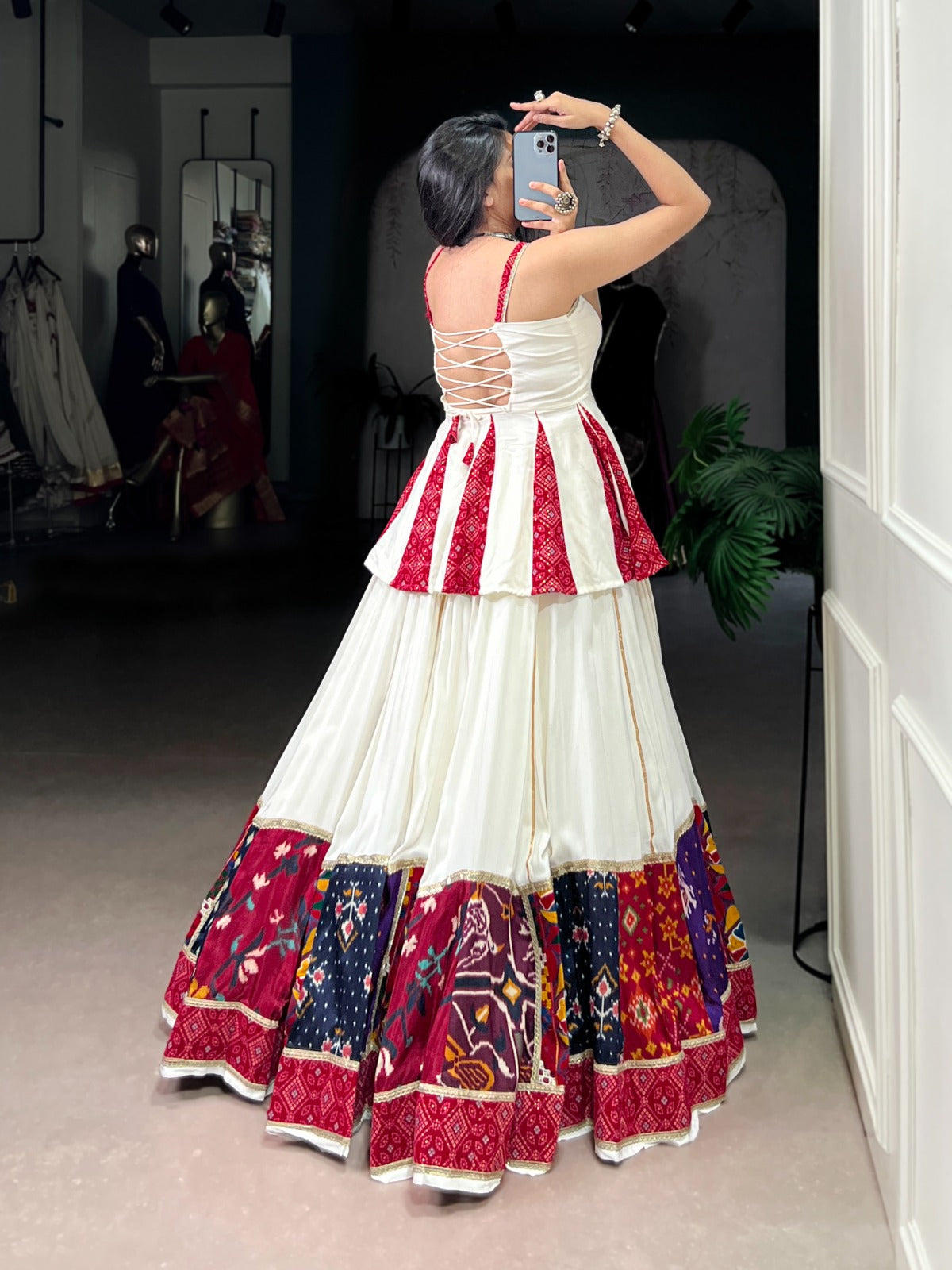 Elegant White & Red Patola Print Lehenga Set