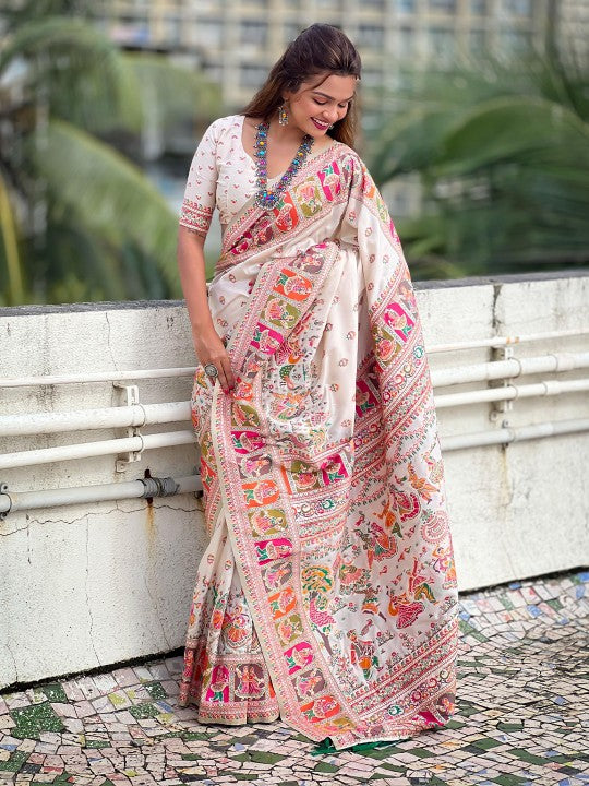 Elegant Cream Printed Saree with Traditional Motifs