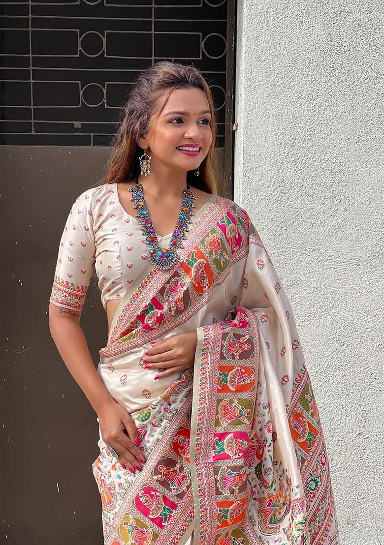 Elegant Cream Printed Saree with Traditional Motifs