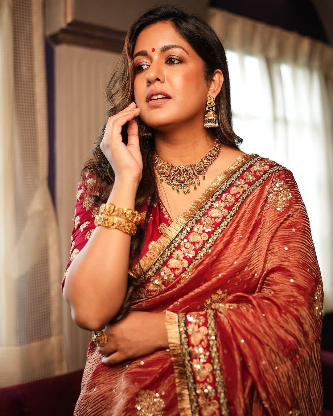 Copper Zari Embroidered Silk Saree with Rich Red Blouse