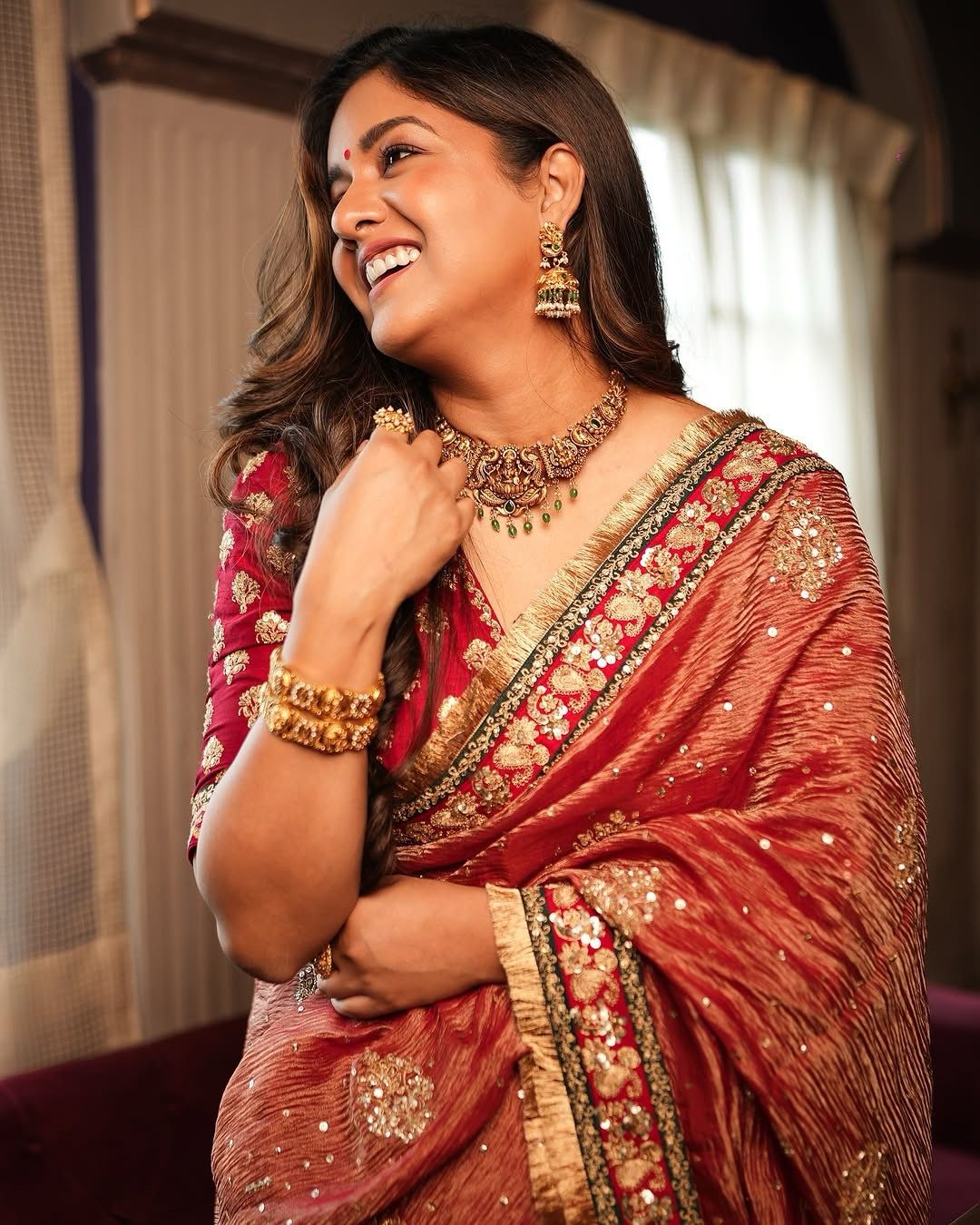 Copper Zari Embroidered Silk Saree with Rich Red Blouse