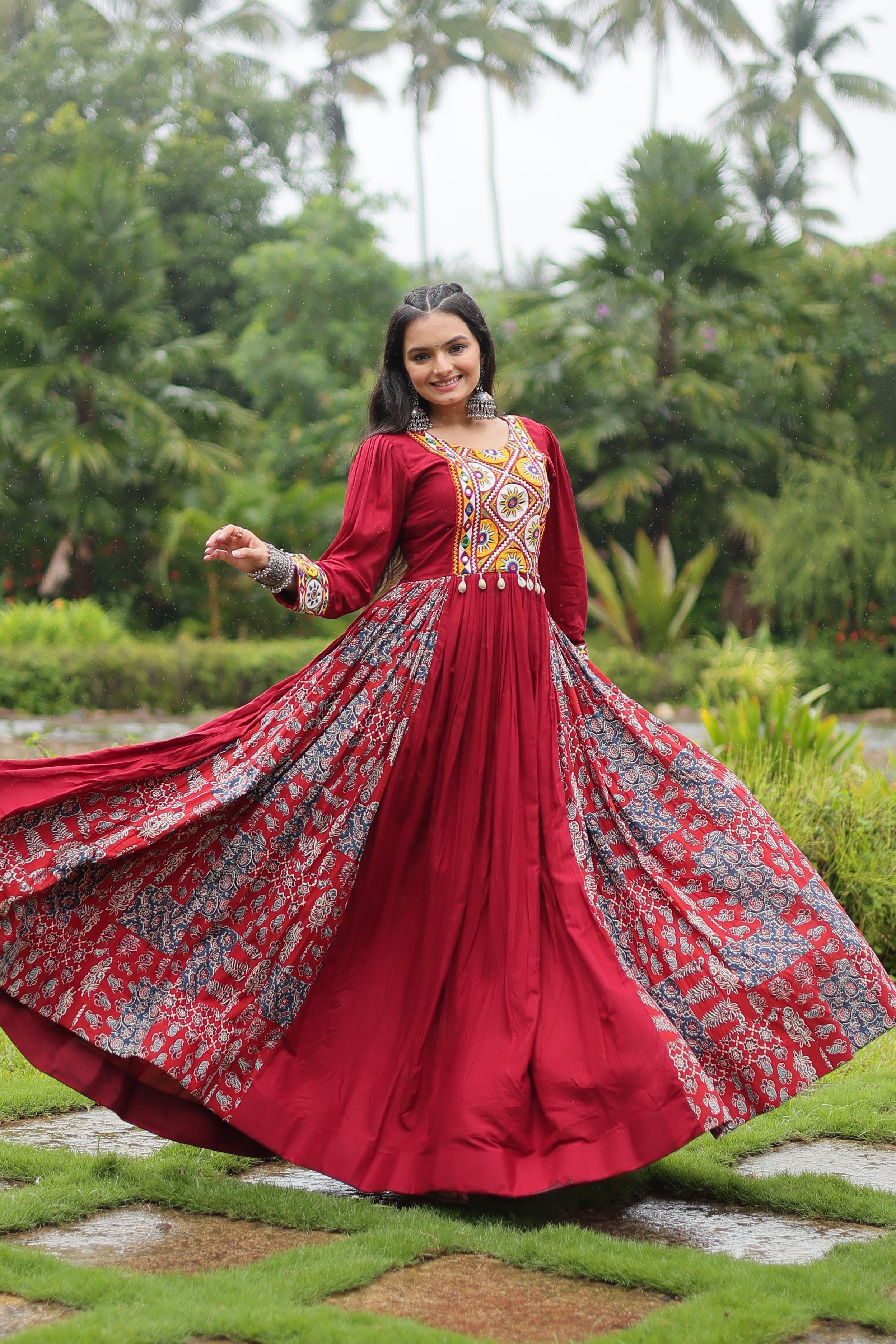 Maroon Mirror Work Anarkali with Ajrakh Patch Flair
