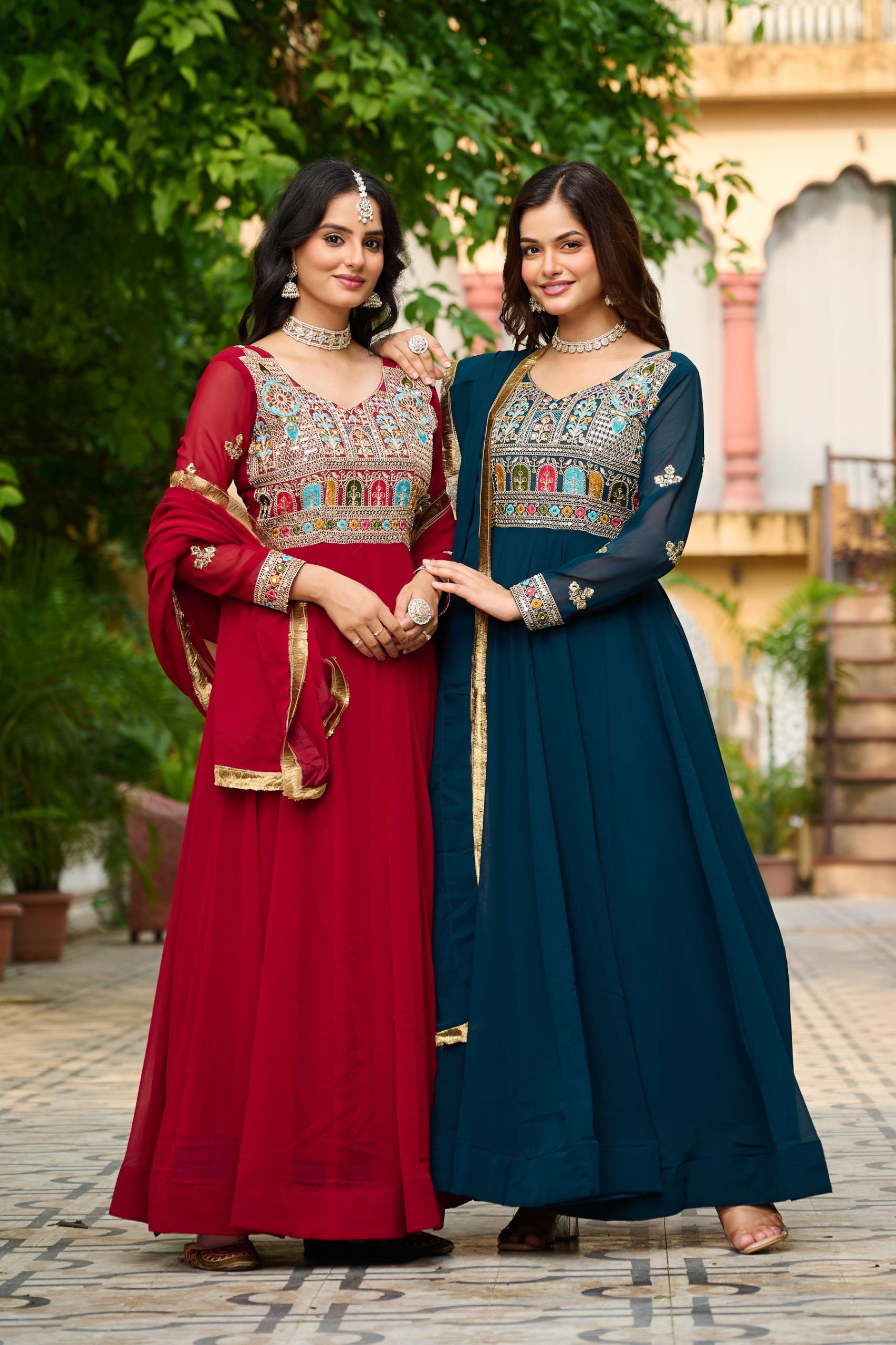 Royal Teal Mughal Embroidered Anarkali Gown