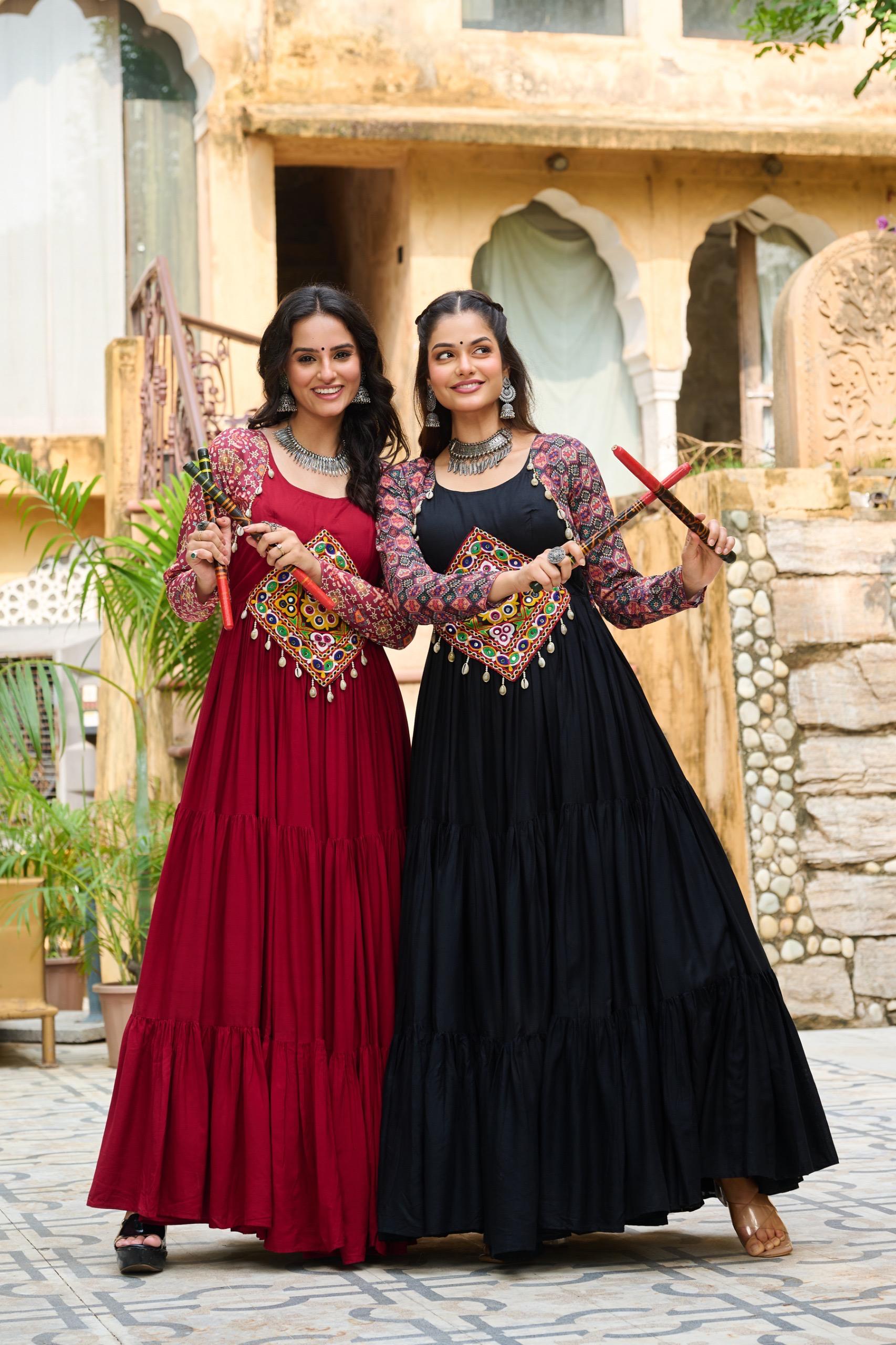 Festive Tiered Mirror Work Gowns in Maroon & Black