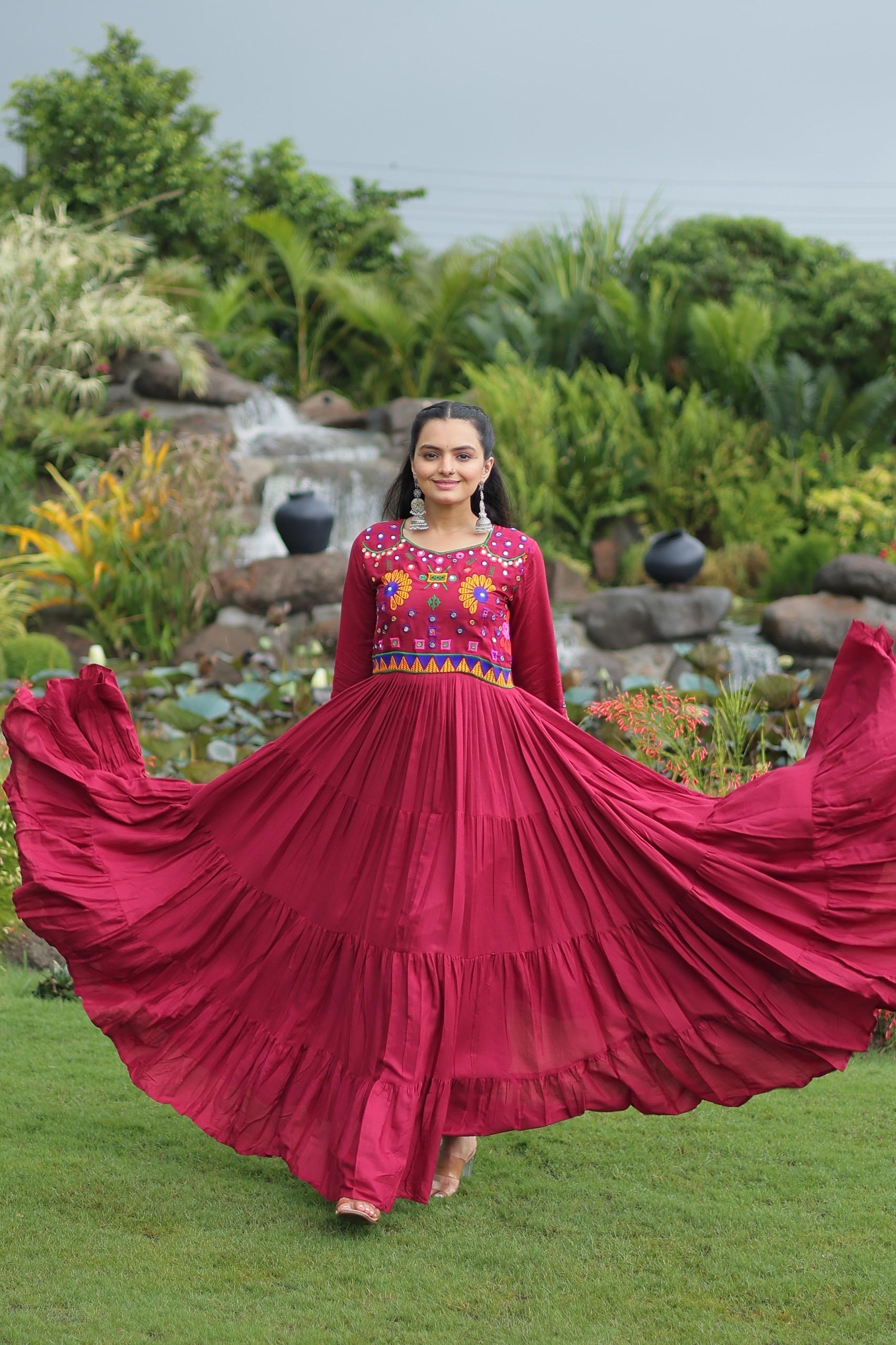 Maroon Mirror Embroidered Navratri Gown