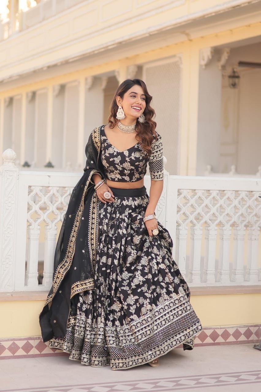 Lehenga with Silver Foil Print and Net Dupatta