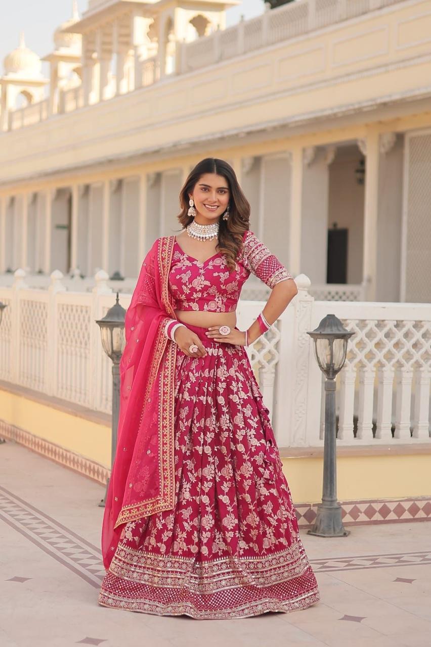 Lehenga with Silver Foil Print and Net Dupatta