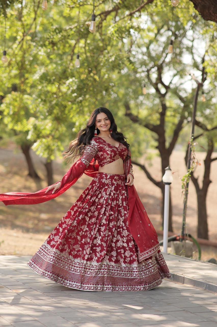 Lehenga with Silver Foil Print and Net Dupatta