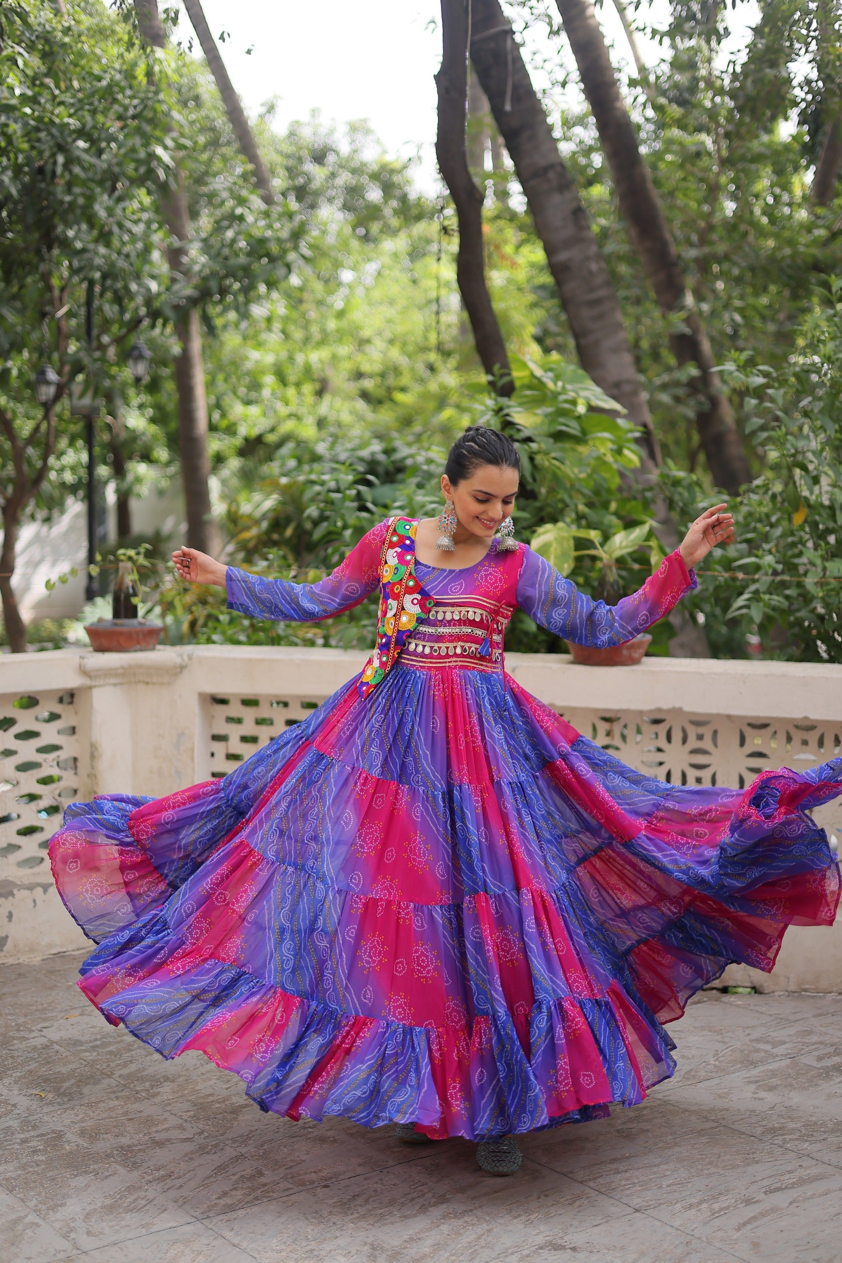 Vibrant Bandhani Flared Dress with Embellished Jacket