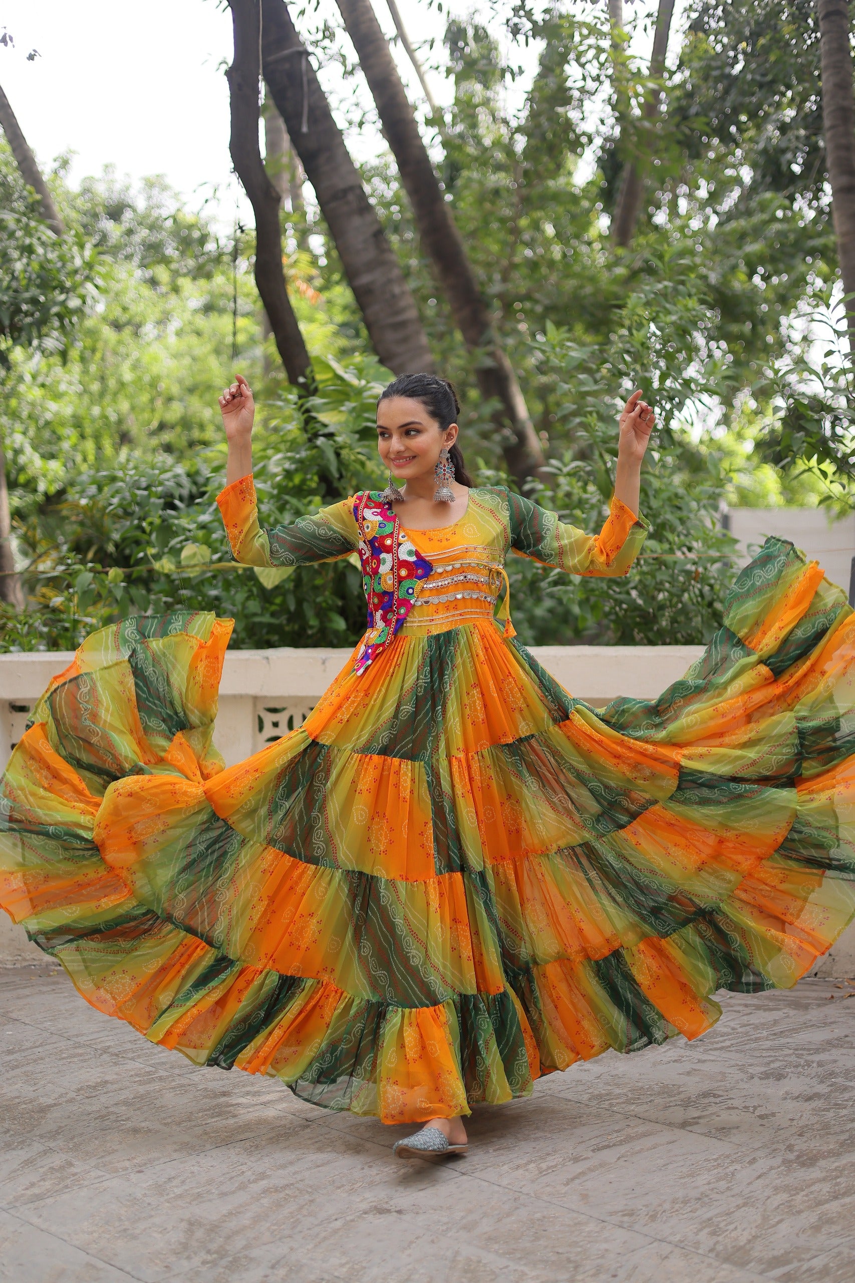 Vibrant Bandhani Flared Dress with Embellished Jacket