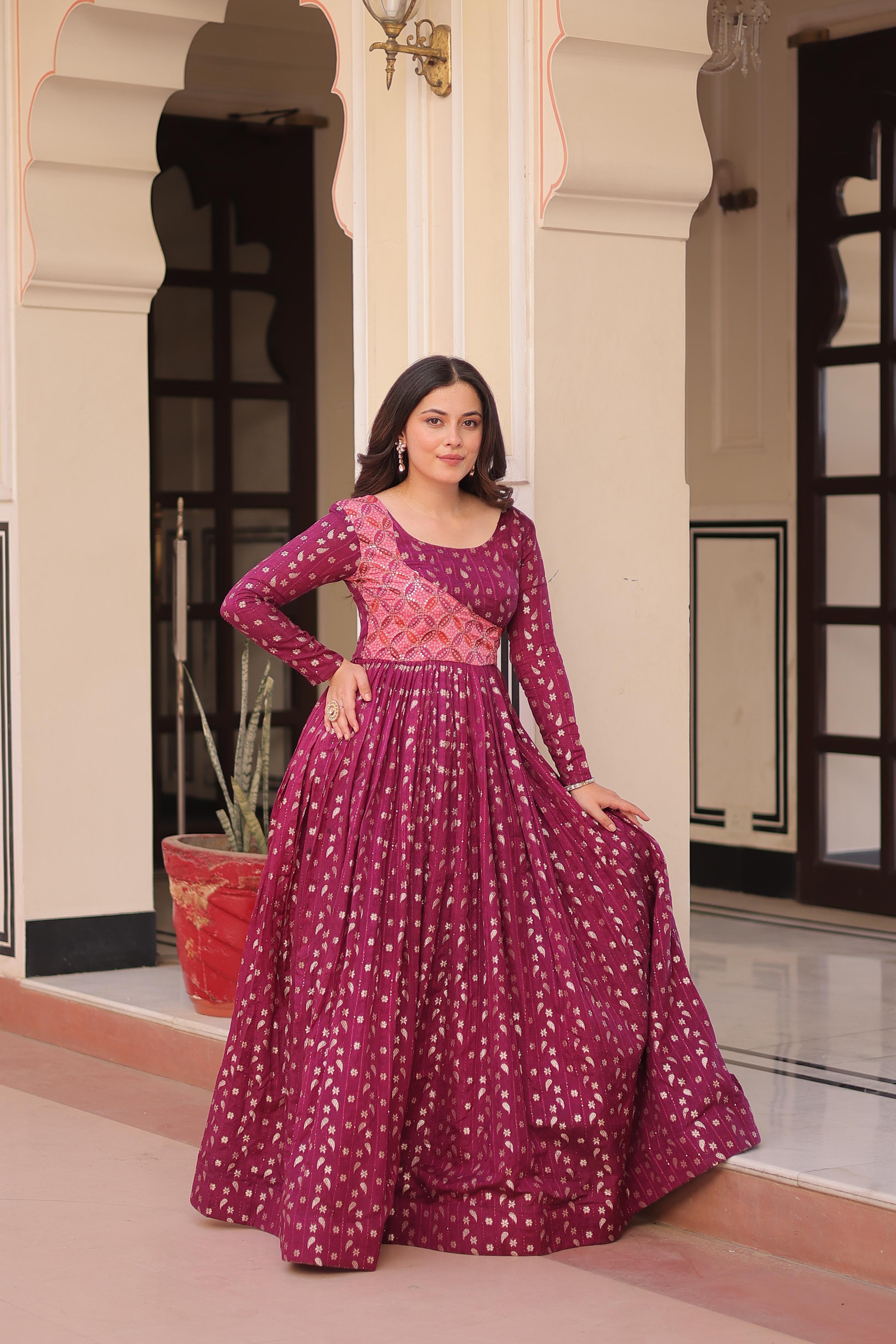 Elegant Ethnic Long Gown for Women – Ajrakh Print with Embroidered Yoke