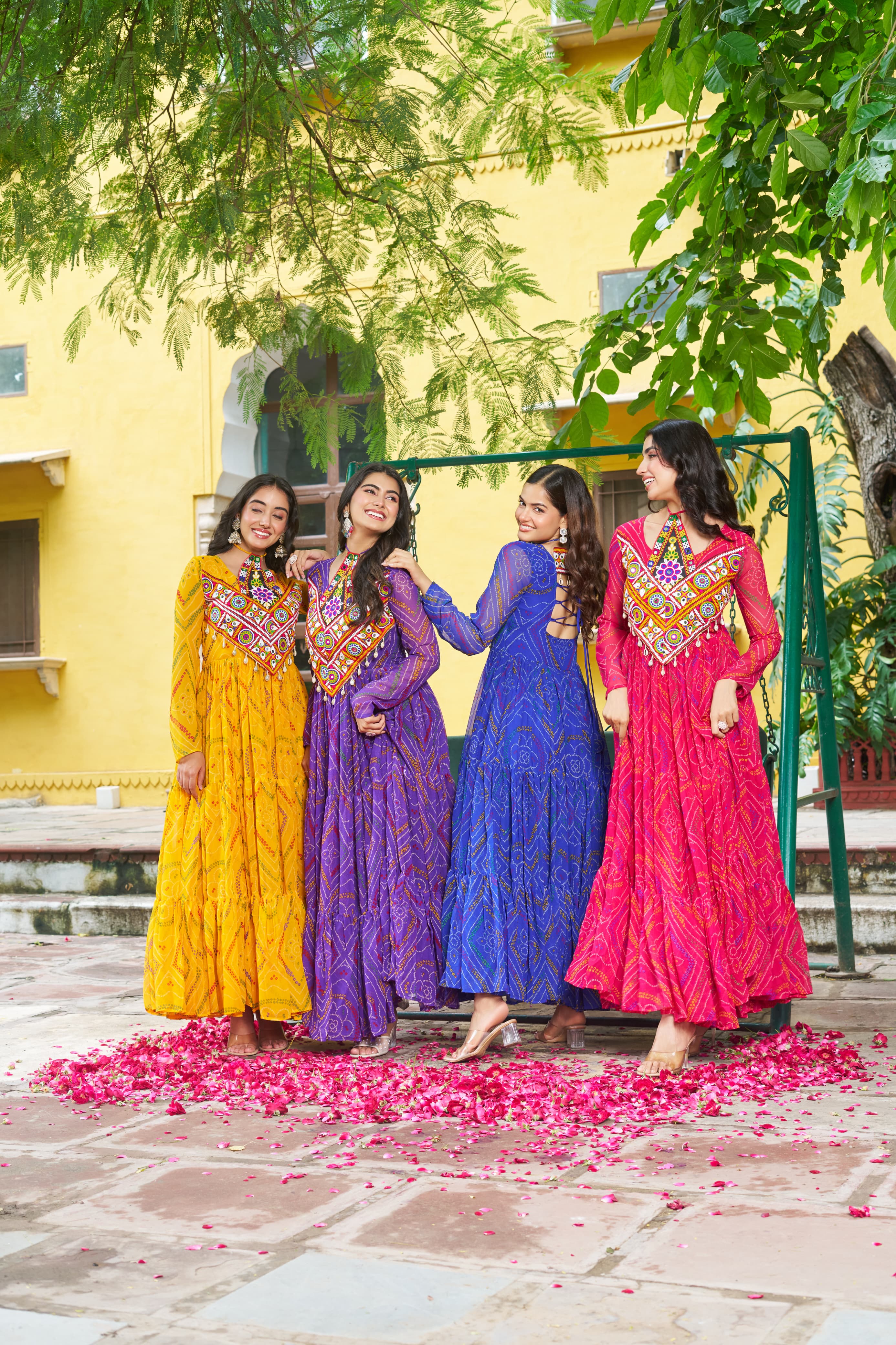 Bandhani Printed Navratri Long Gown with Kutchi Embroidered Yoke – Multi Colors