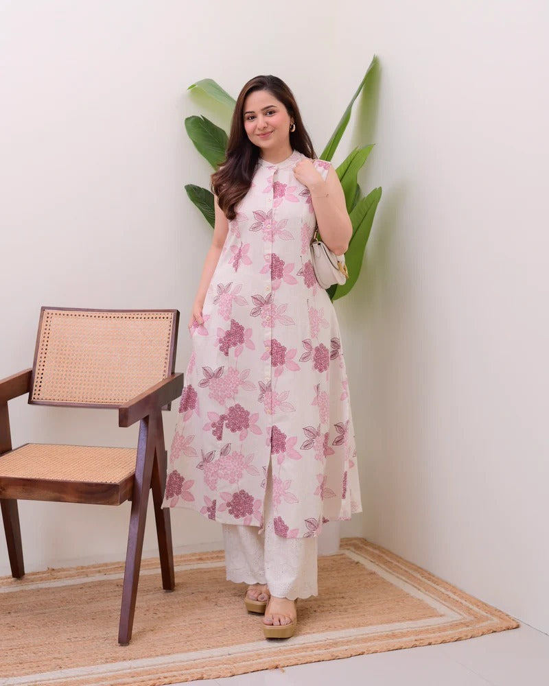 Elegant Floral Printed Sleeveless Long Kurti for Women