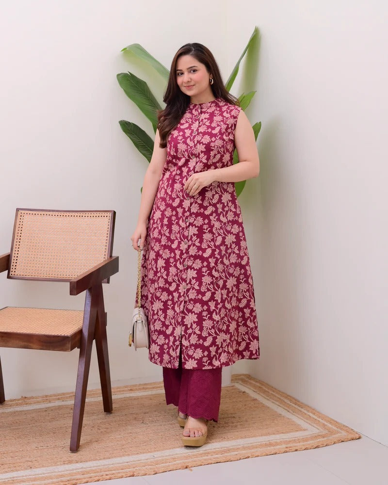 Elegant Floral Printed Sleeveless Long Kurti for Women