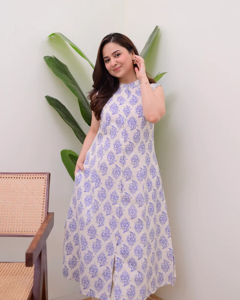 Elegant Floral Printed Sleeveless Long Kurti for Women