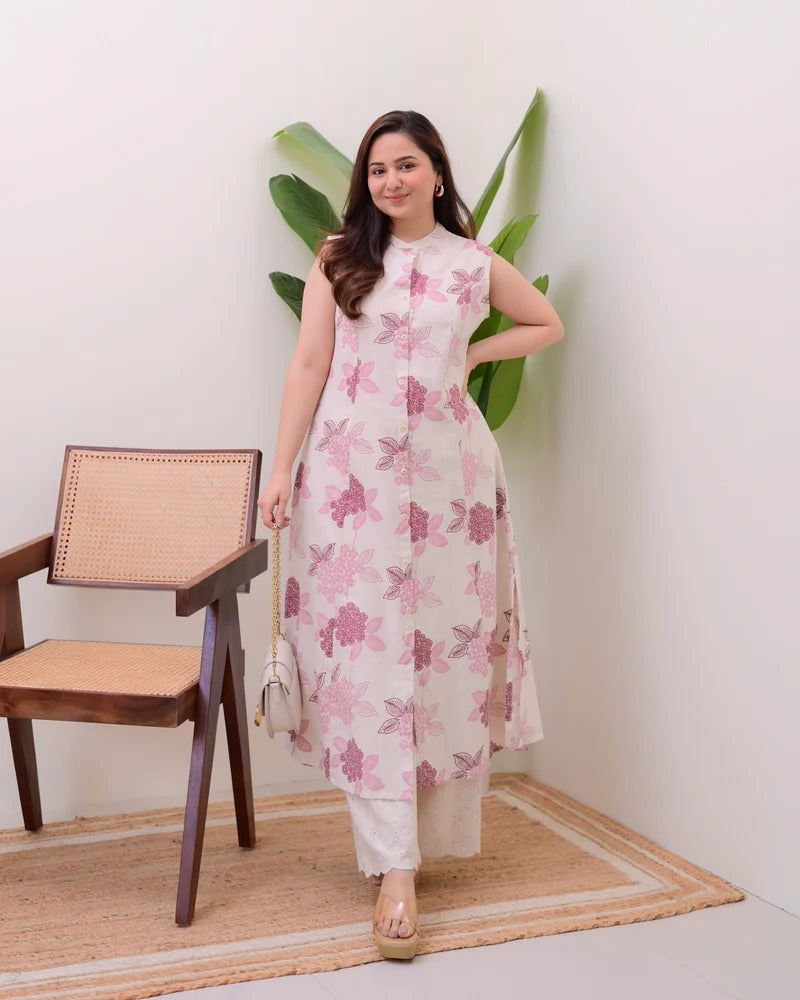 Elegant Floral Printed Sleeveless Long Kurti for Women