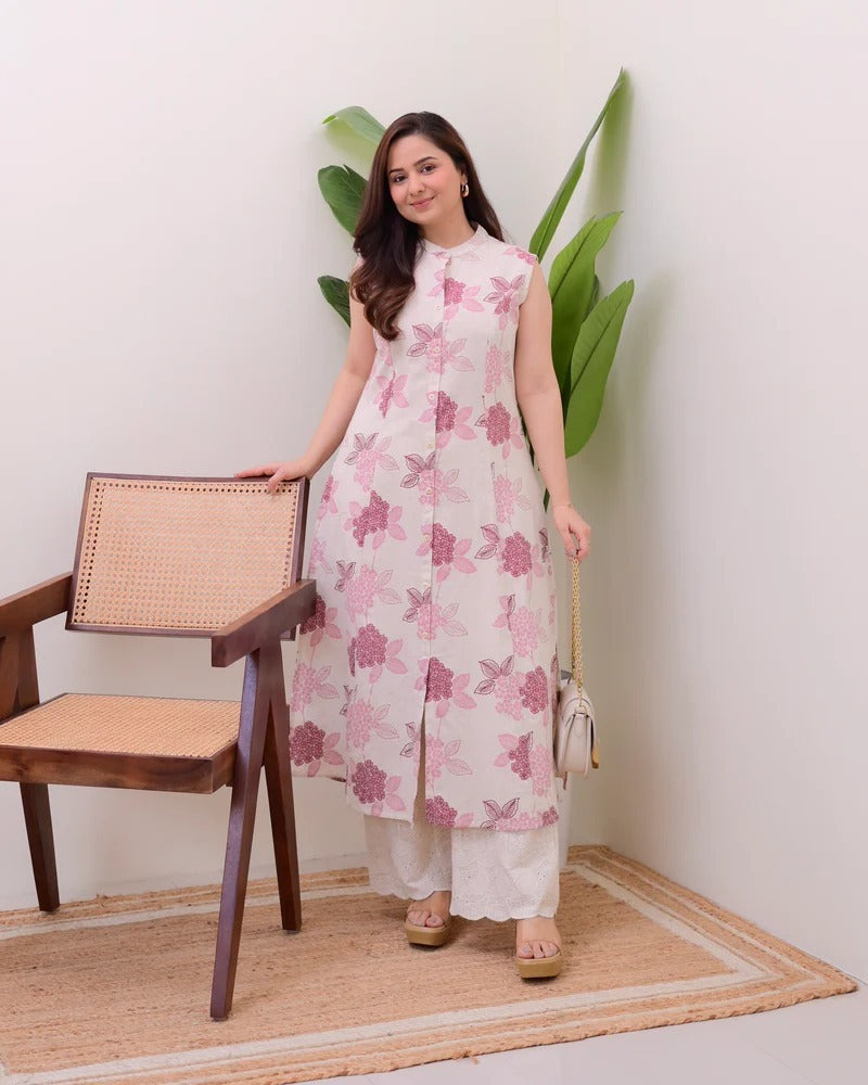 Elegant Floral Printed Sleeveless Long Kurti for Women