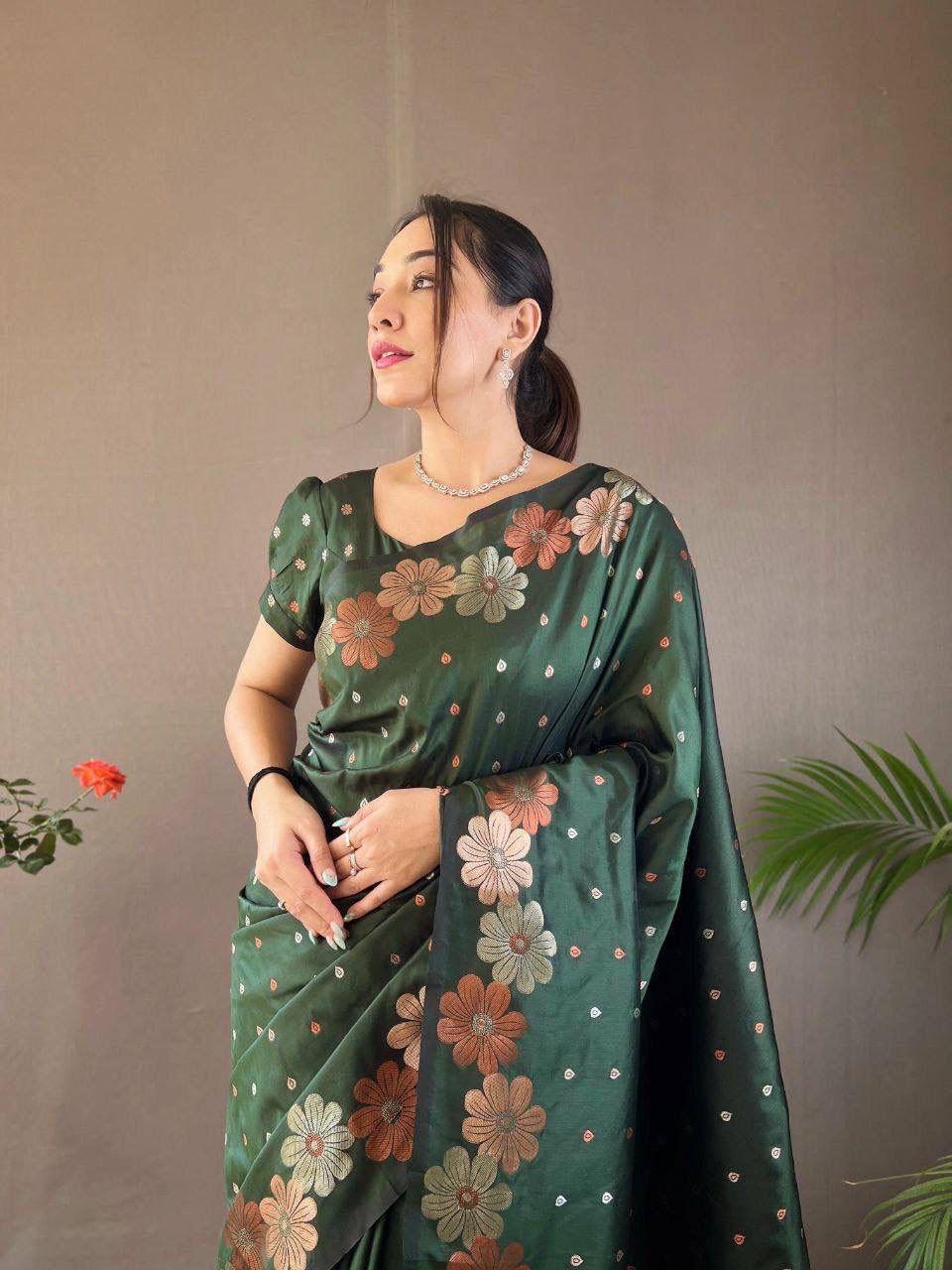 Dark Green Floral Silk Saree