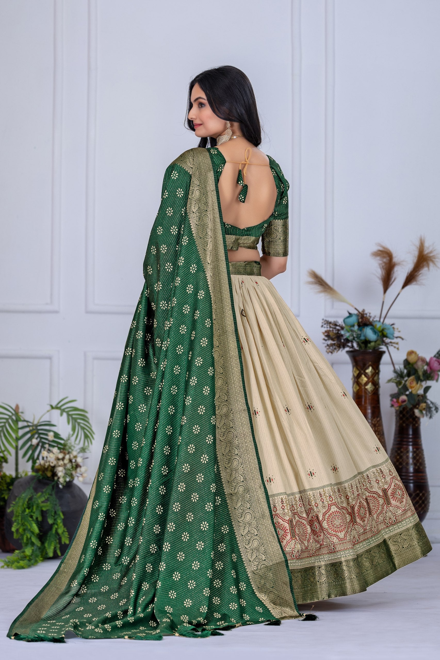 Green & Beige Lehenga Choli Set with Dupatta – Traditional Wear