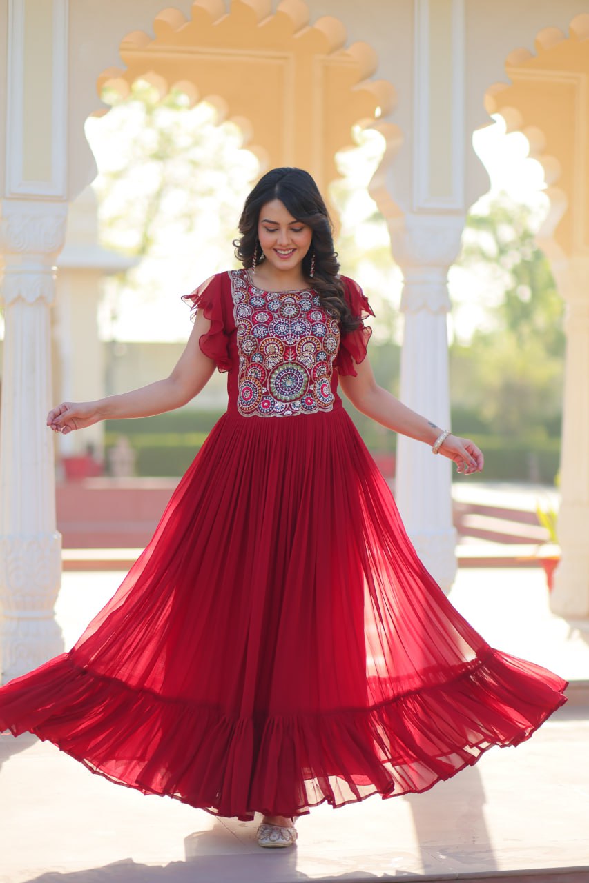 Stylish Embroidered Flared Gown Dress for Women