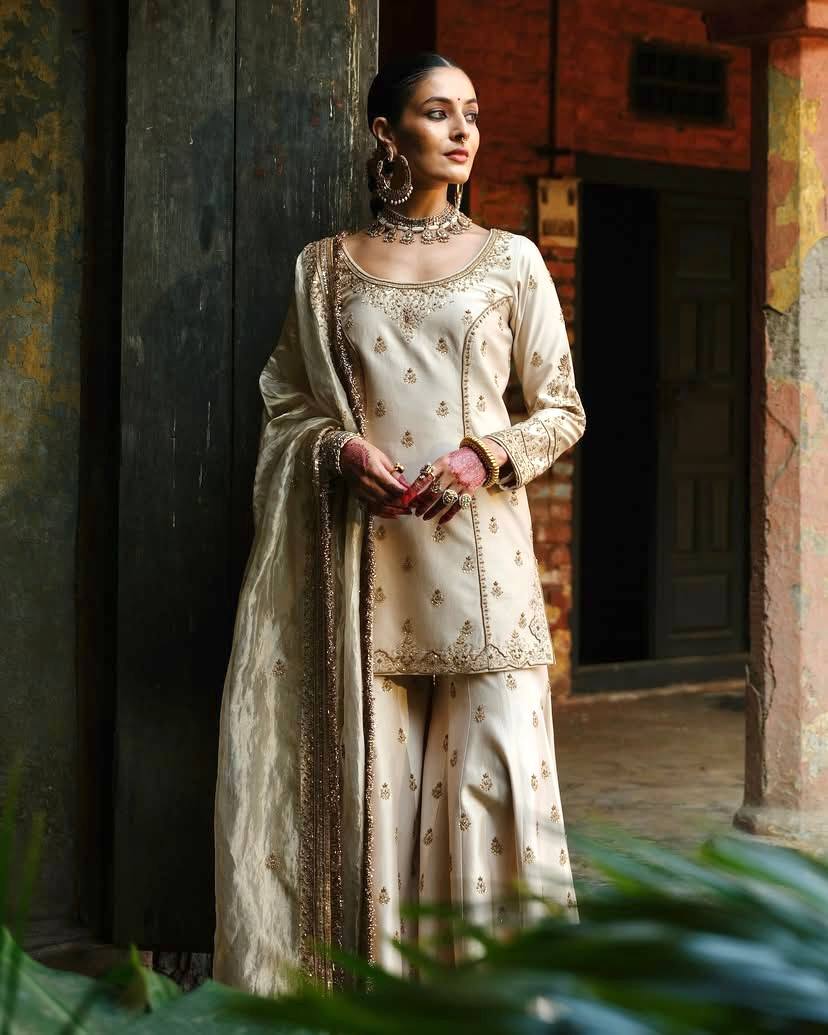 Ivory Gold Traditional Sharara Set with Hand Embroidery