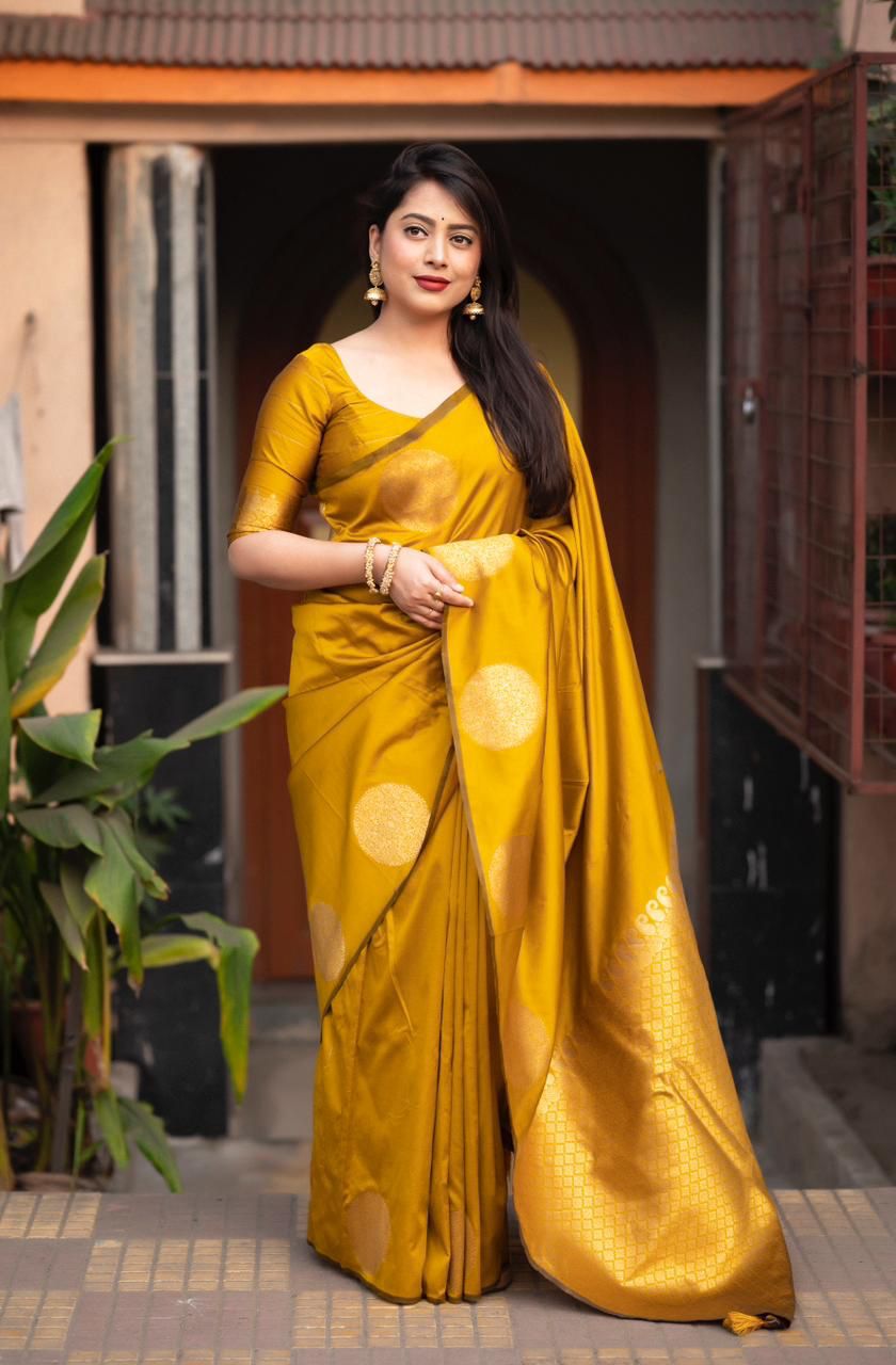 Mustard Yellow Zari Woven Silk Saree