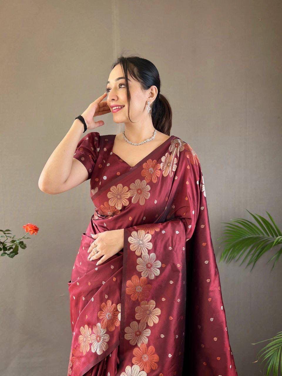 Maroon Floral Silk Saree