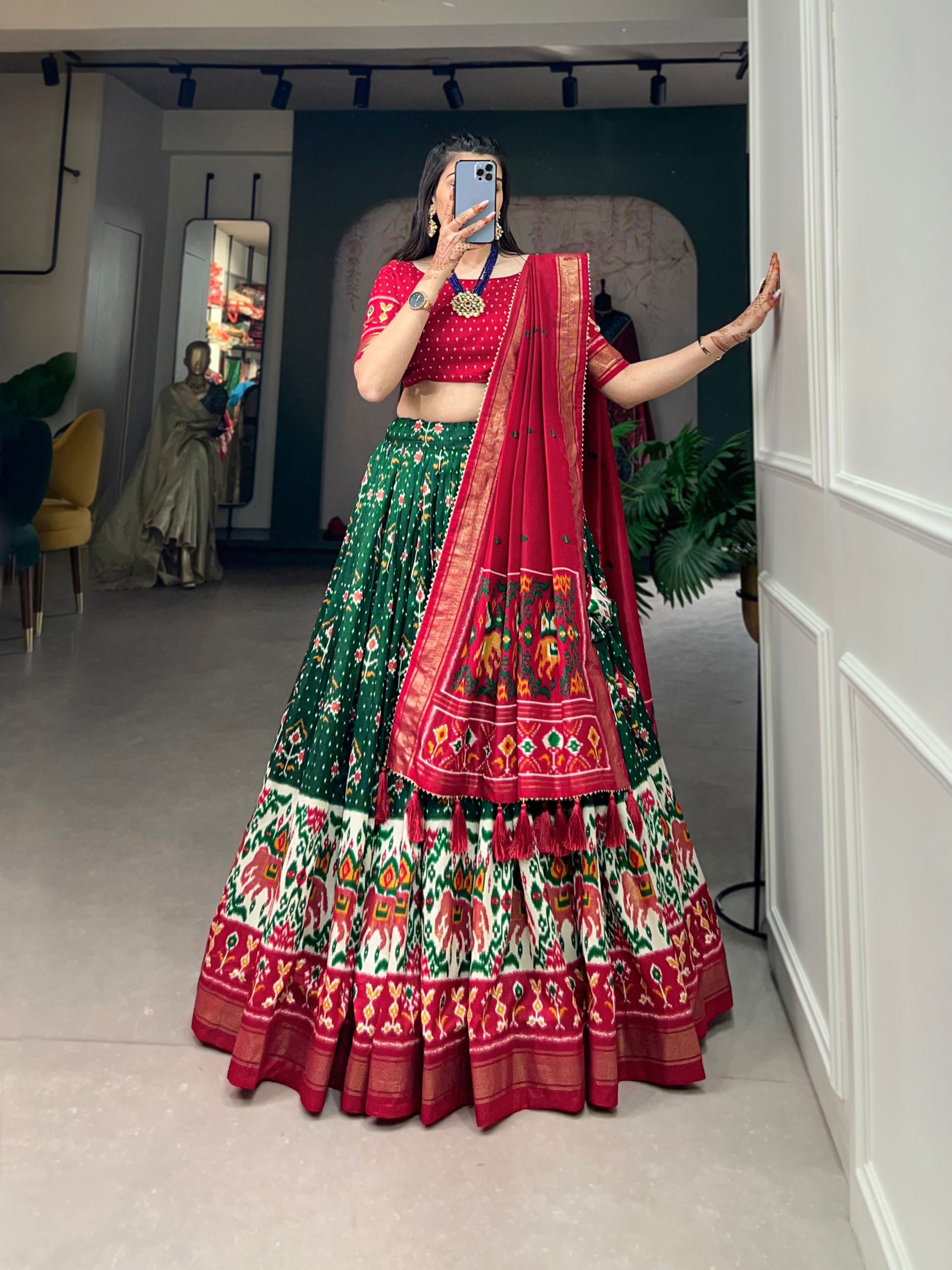 Traditional Green & Maroon Patola Print Lehenga Set