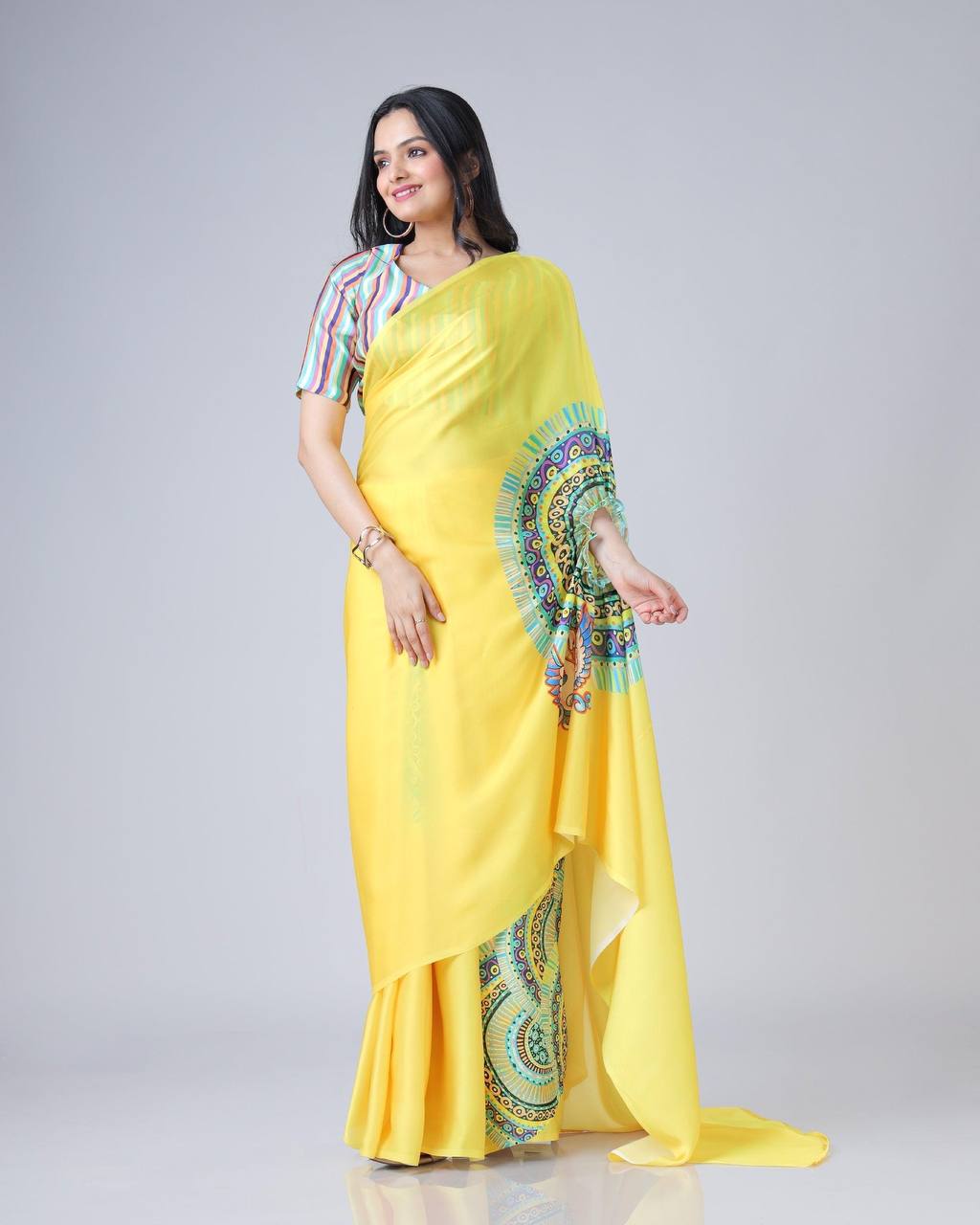 Sunburst Muse” – Designer Freehand Yellow Saree | Dual Style