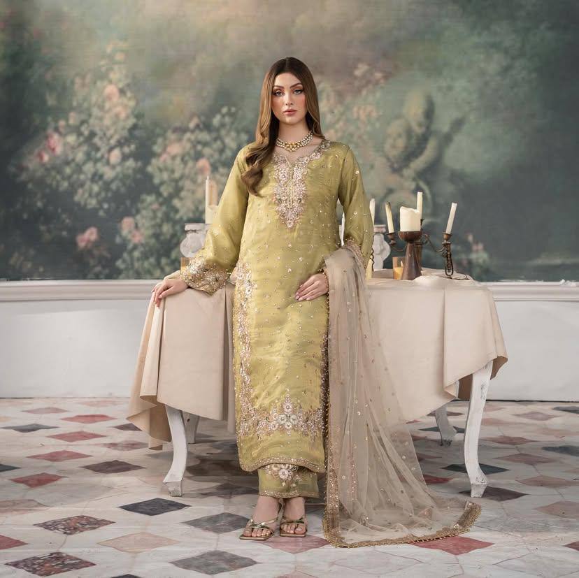 Pistachio Green Heavy Embroidered Straight Suit with Net Dupatta
