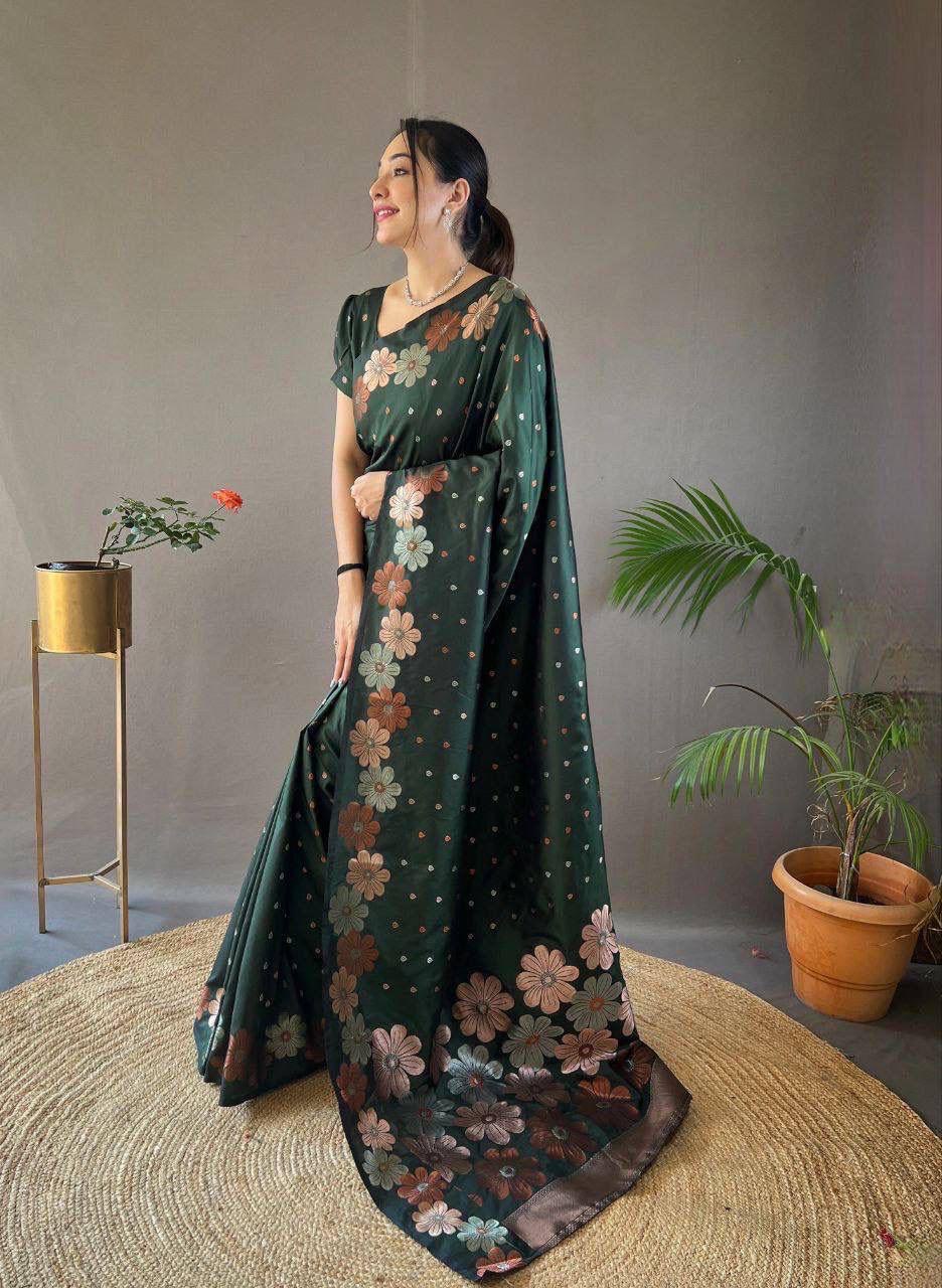 Dark Green Floral Silk Saree