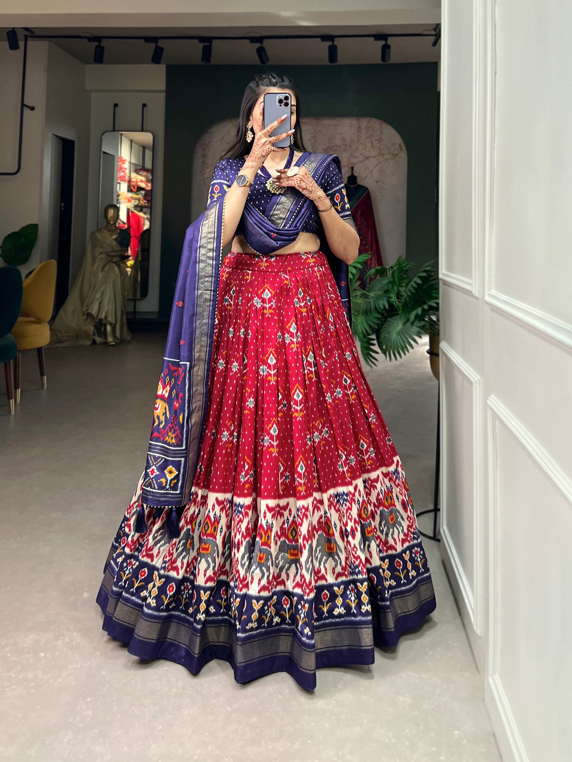 Red & Navy Blue Patola Print Lehenga Choli Set