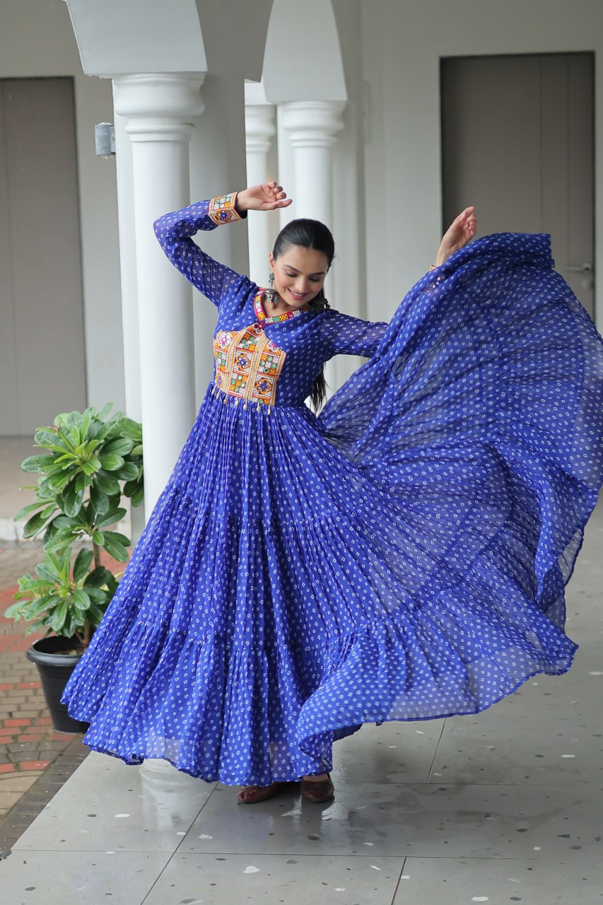 Traditional Bandhani Print Long Gown with Embroidered Yoke