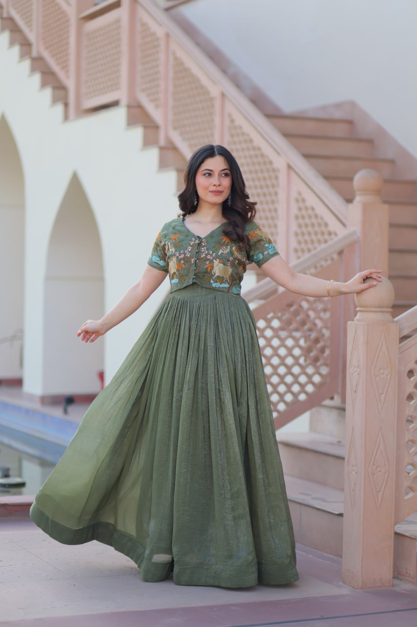 Elegant Olive Green Anarkali with Embroidered Jacket