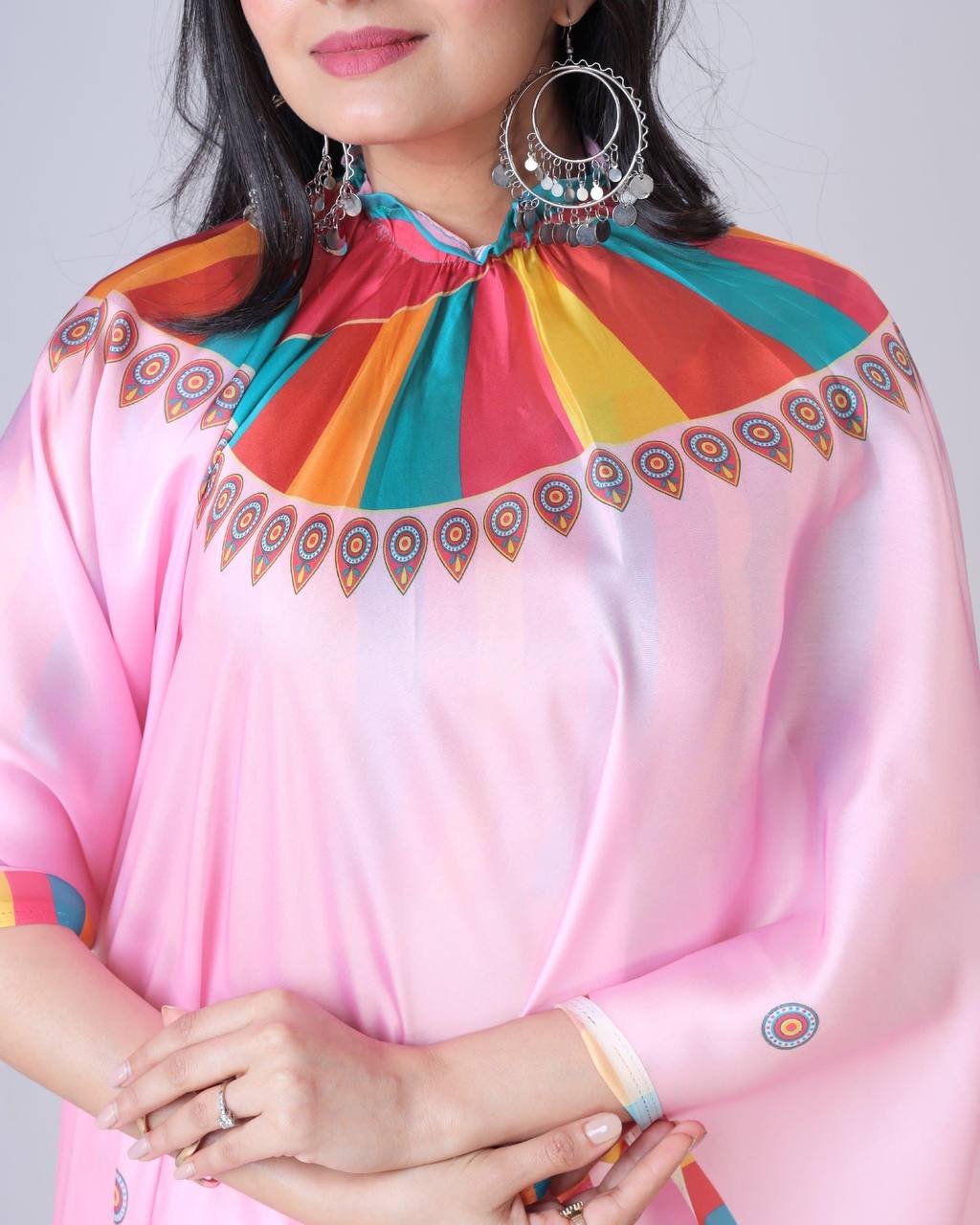 Pastel Pink Saree with Vibrant Mandala & Striped Blouse