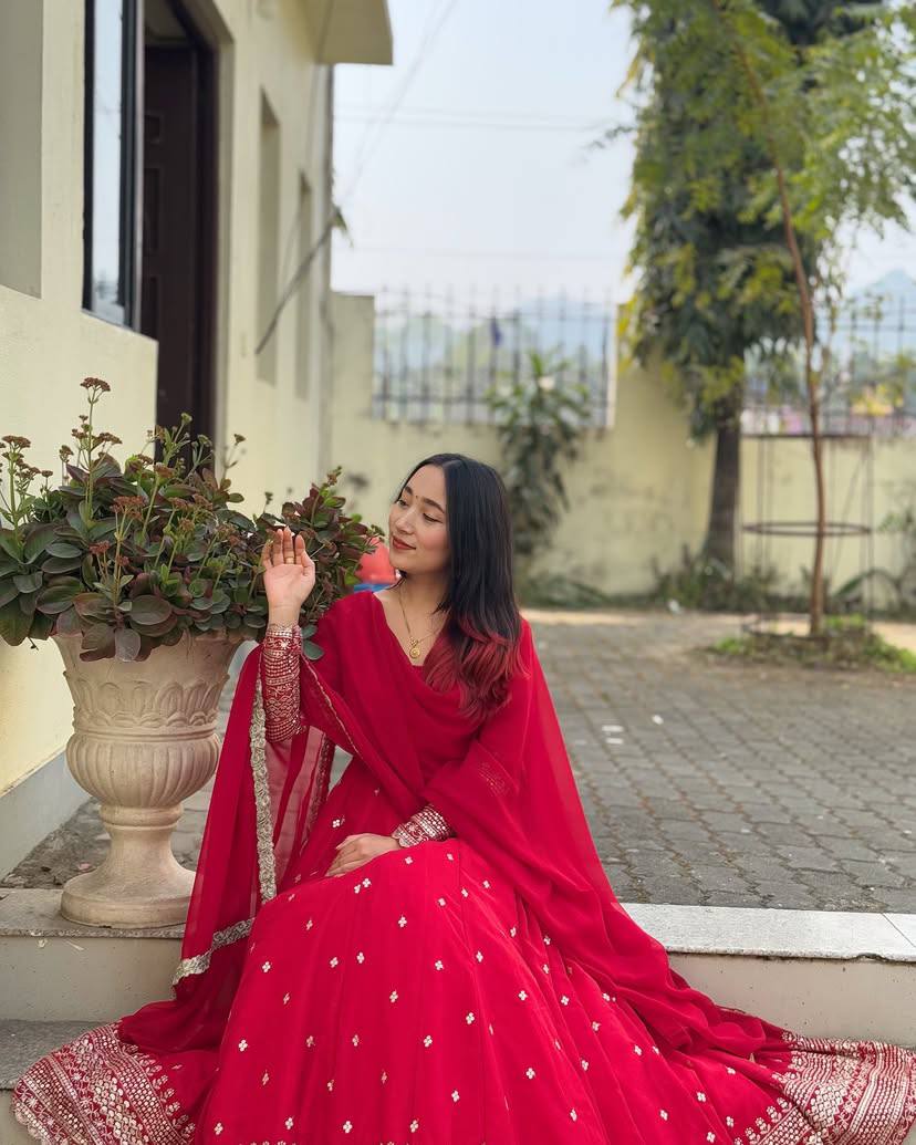 Crimson Red Zari Embroidered Anarkali Set