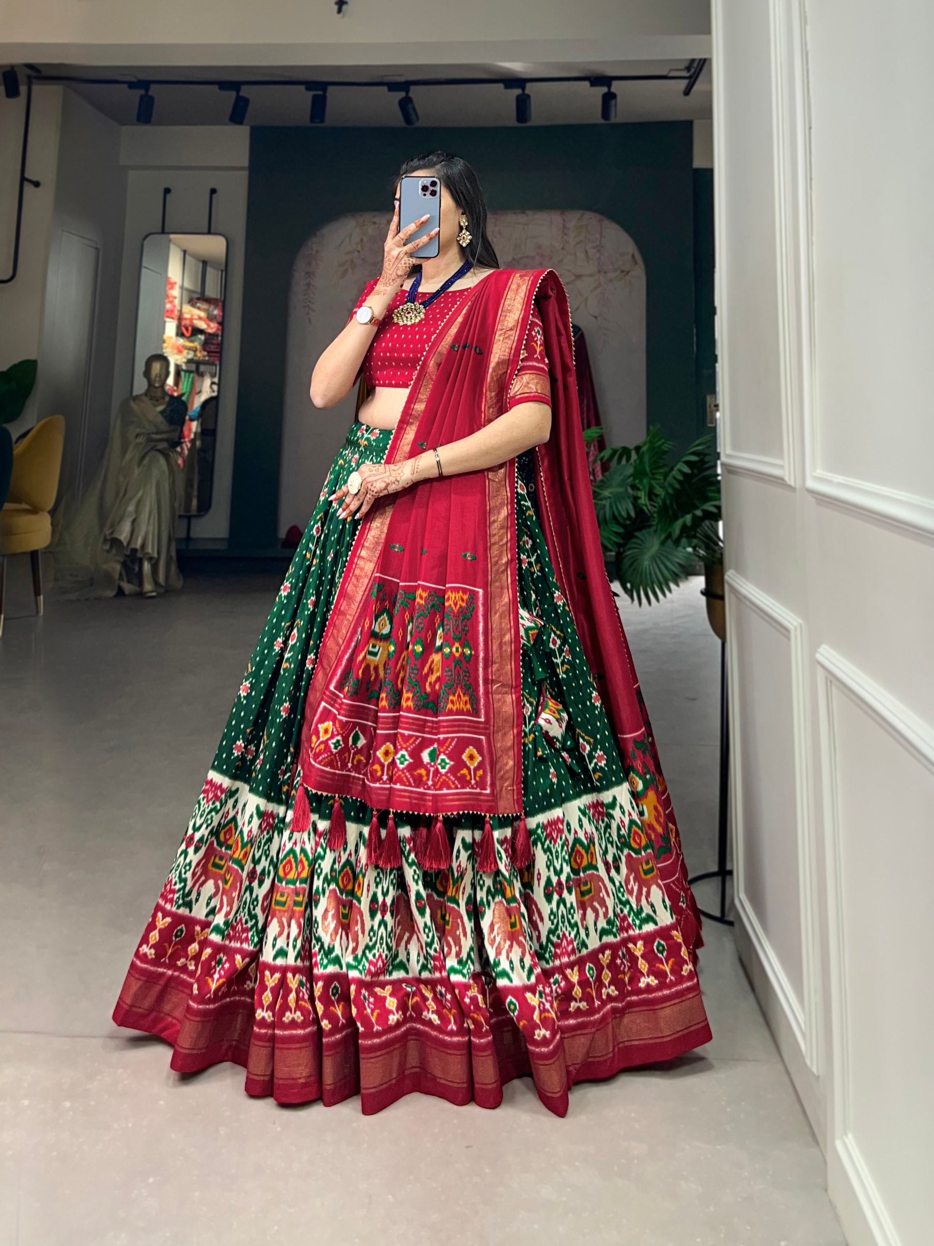 Traditional Green & Maroon Patola Print Lehenga Set