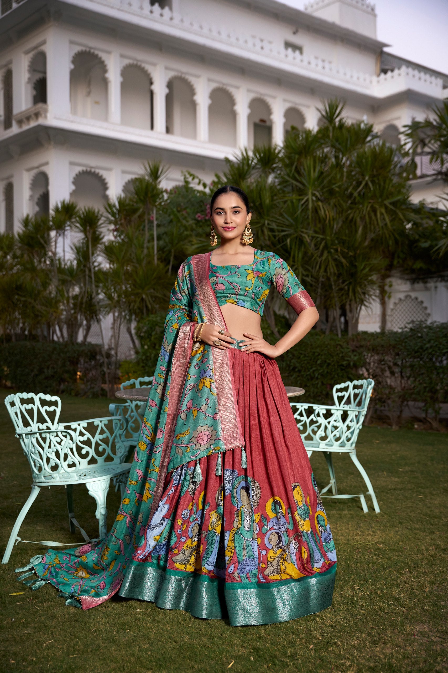 Maroon & Sea Green Handpainted Lehenga Set