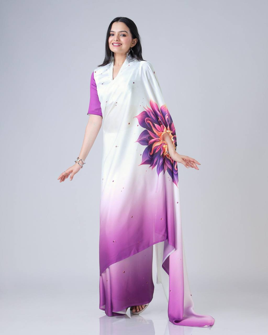 White & Violet Ombre Saree with Bold Floral Accent