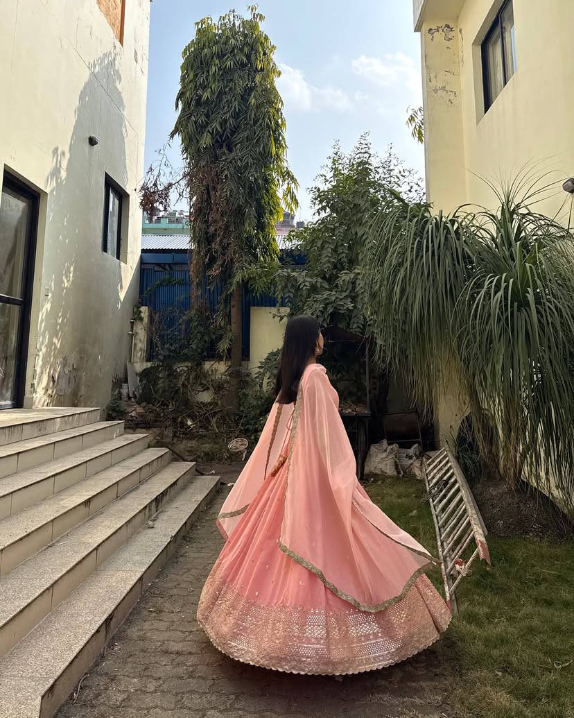 Blush Peach Embroidered Anarkali Set with Mirror Detailing