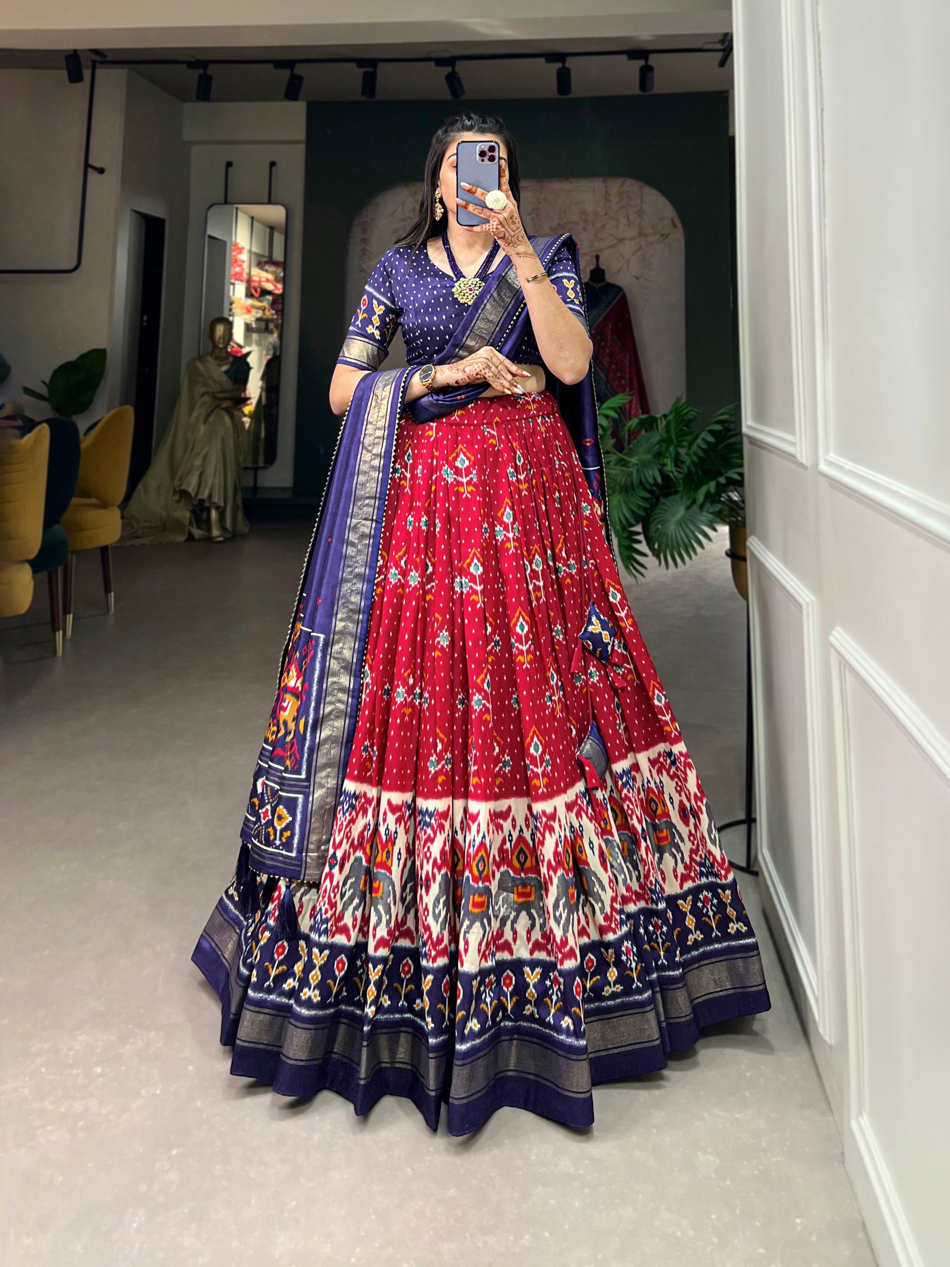 Red & Navy Blue Patola Print Lehenga Choli Set