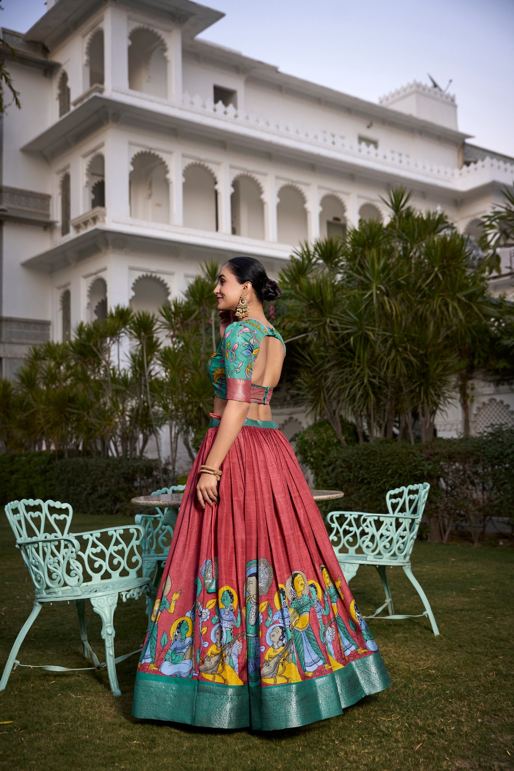Maroon & Sea Green Handpainted Lehenga Set