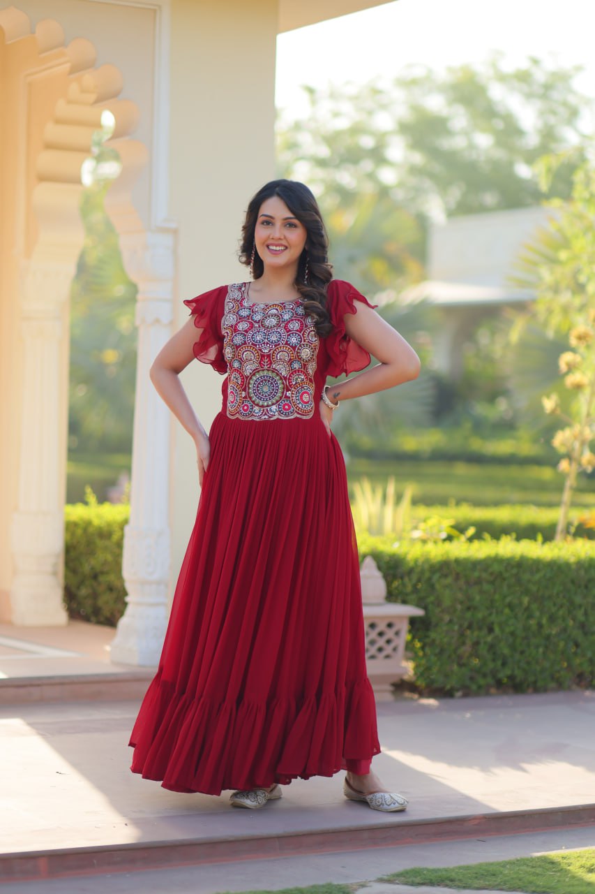 Stylish Embroidered Flared Gown Dress for Women
