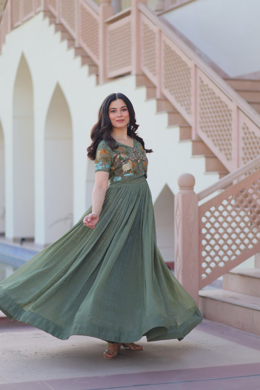 Elegant Olive Green Anarkali with Embroidered Jacket