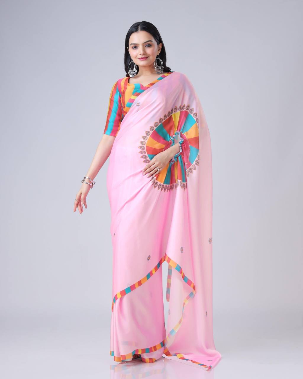 Pastel Pink Saree with Vibrant Mandala & Striped Blouse