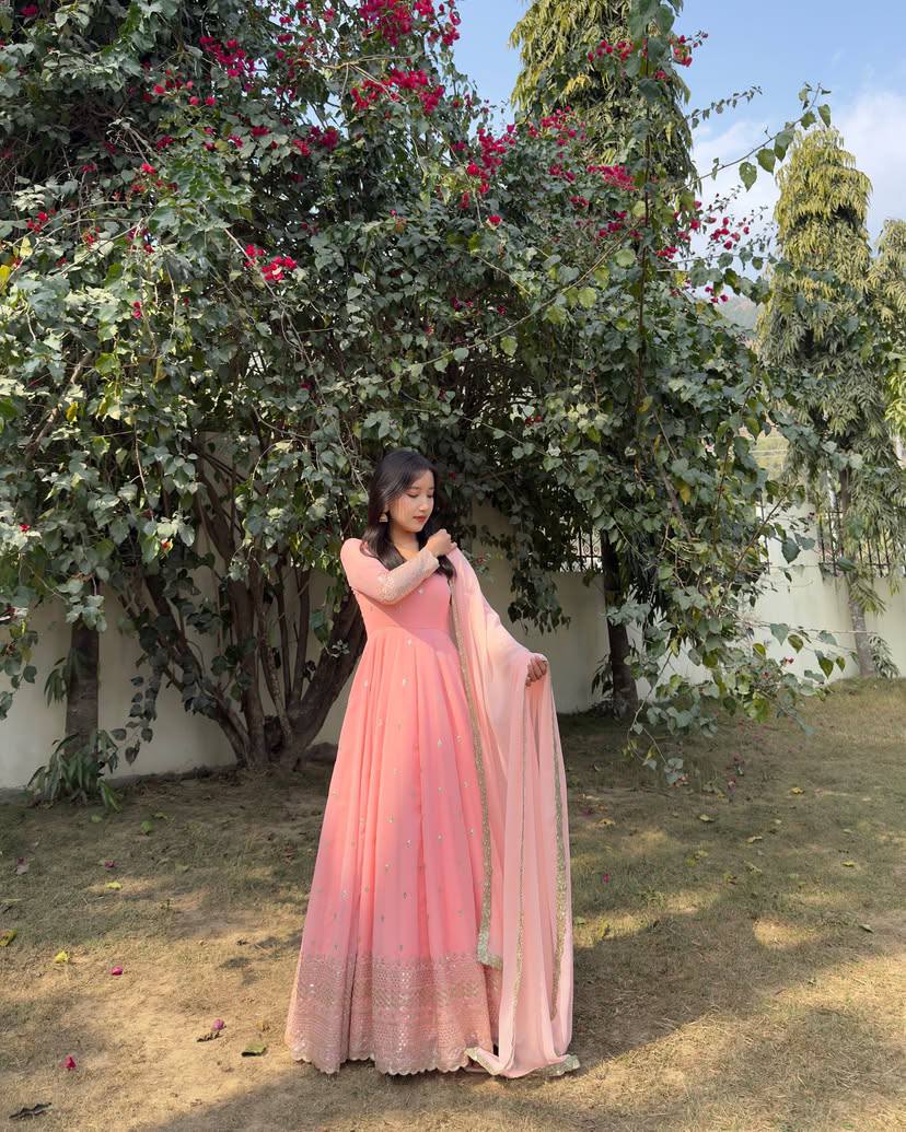 Blush Peach Embroidered Anarkali Set with Mirror Detailing