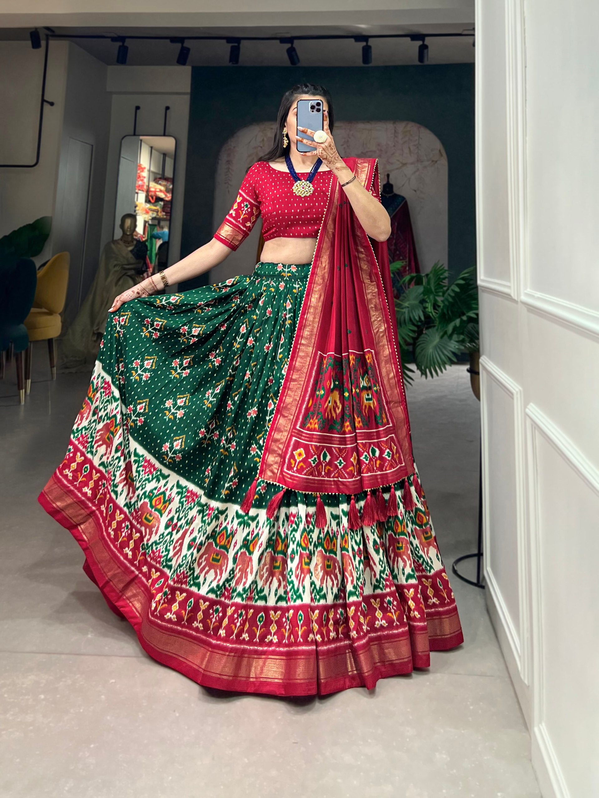 Traditional Green & Maroon Patola Print Lehenga Set