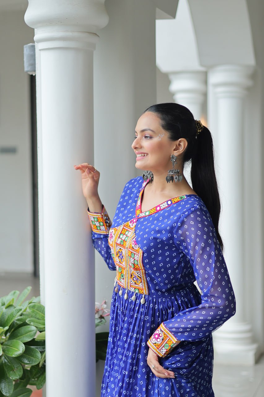 Traditional Bandhani Print Long Gown with Embroidered Yoke