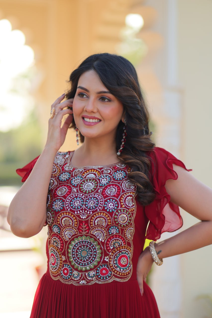 Stylish Embroidered Flared Gown Dress for Women