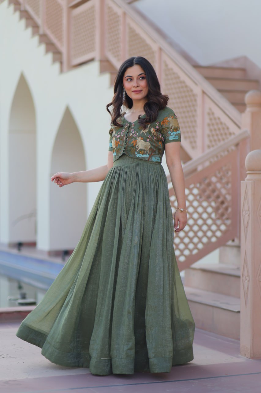 Elegant Olive Green Anarkali with Embroidered Jacket